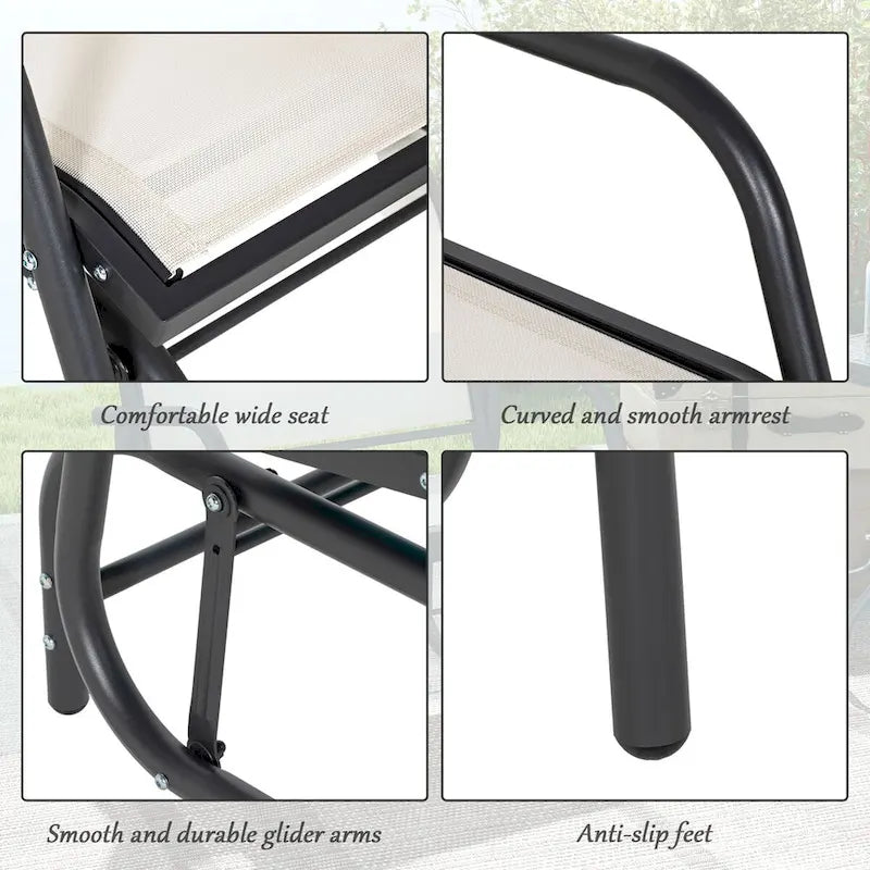 Porch Glider Set of 2, Metal Frame Swing Glider Chairs with Breathable Mesh Fabric, Curved Armrests and Steel Frame