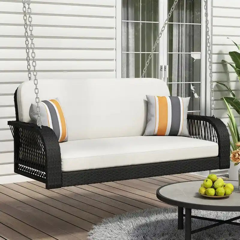 PE Wicker 2-Seater Porch Swing, Patio Hanging Bench With Chains