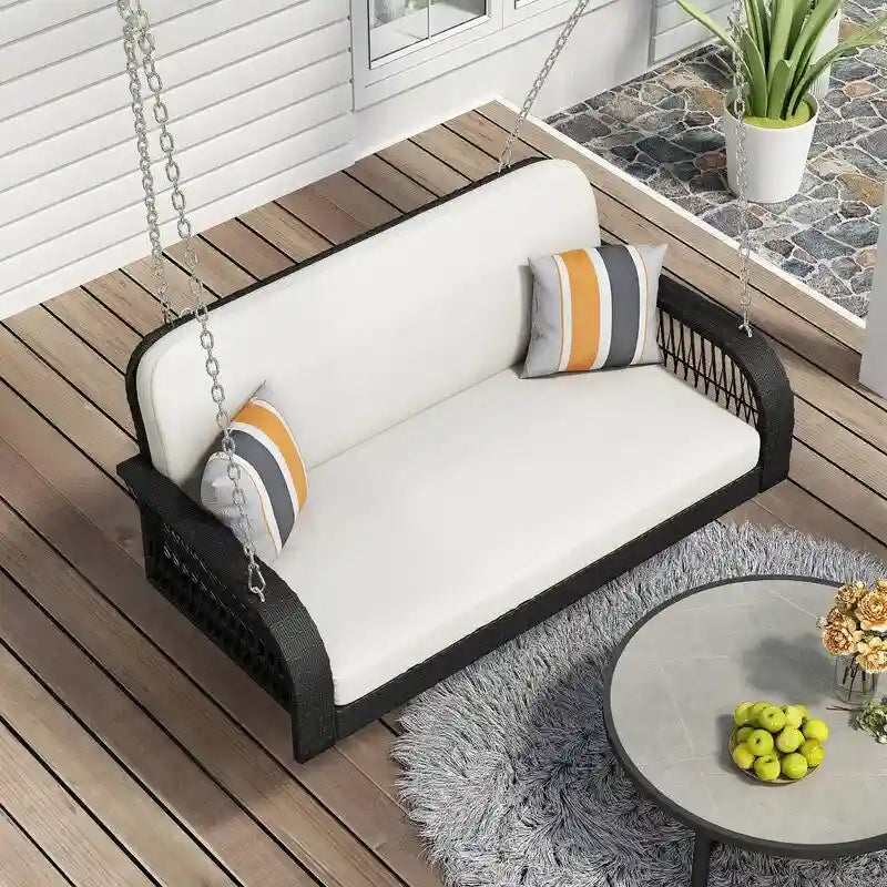 PE Wicker 2-Seater Porch Swing, Patio Hanging Bench With Chains