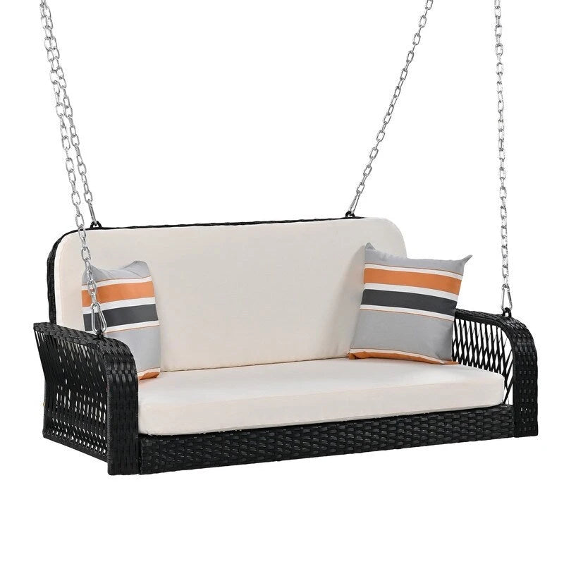 PE Wicker 2-Seater Porch Swing, Patio Hanging Bench With Chains