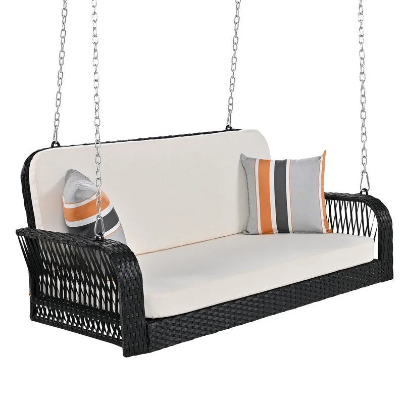 PE Wicker 2-Seater Porch Swing, Patio Hanging Bench With Chains
