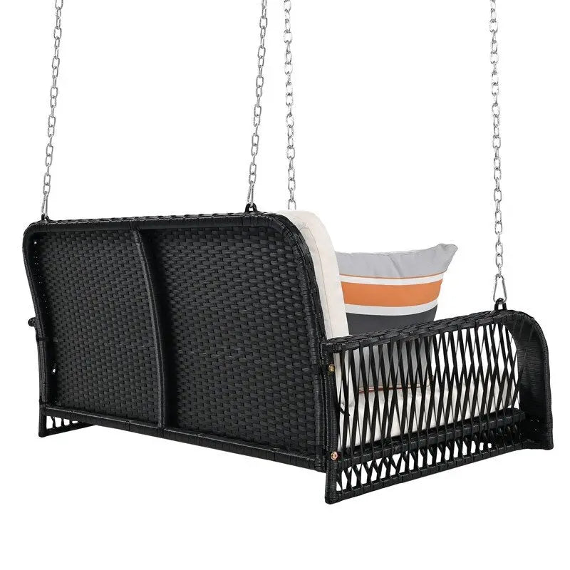 PE Wicker 2-Seater Porch Swing, Patio Hanging Bench With Chains