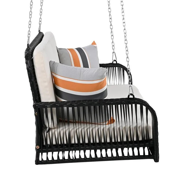 PE Wicker 2-Seater Porch Swing, Patio Hanging Bench With Chains