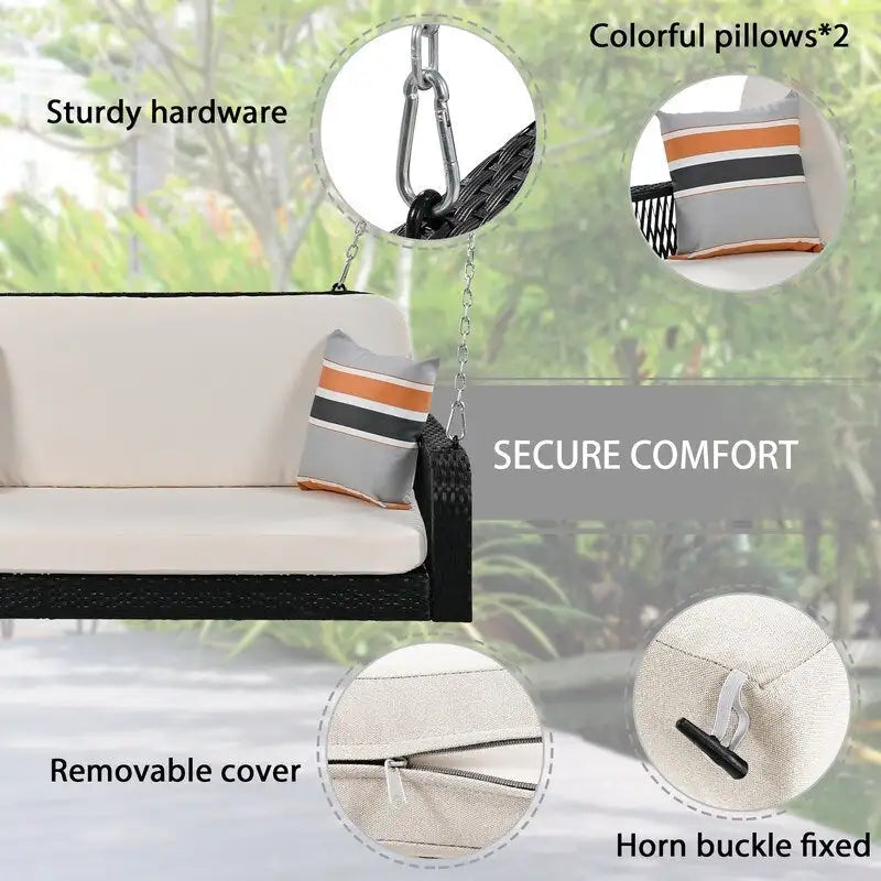 PE Wicker 2-Seater Porch Swing, Patio Hanging Bench With Chains