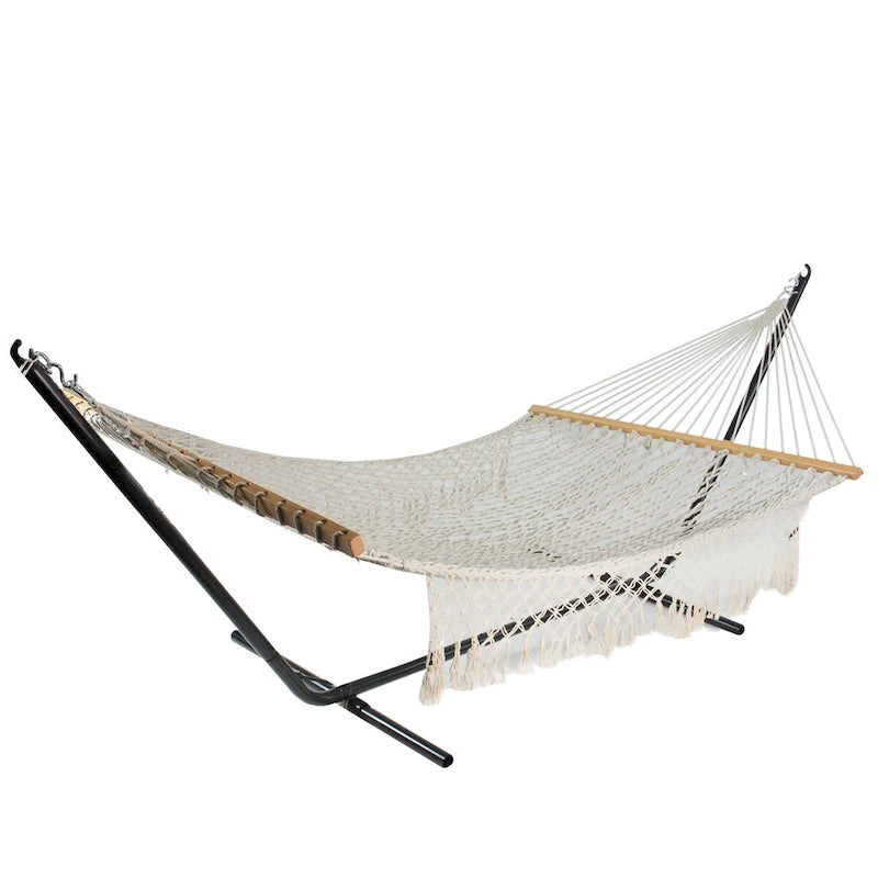 74 White Lattice Macrame Rope Hammock with Wooden Bars - 76