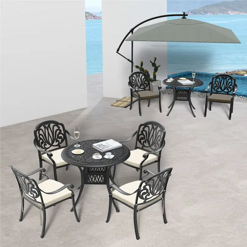 5-Pieces Aluminum Patio Set , 4 x Armchairs with Cushions In Random Colors with 1 With Umbrella Hole Table