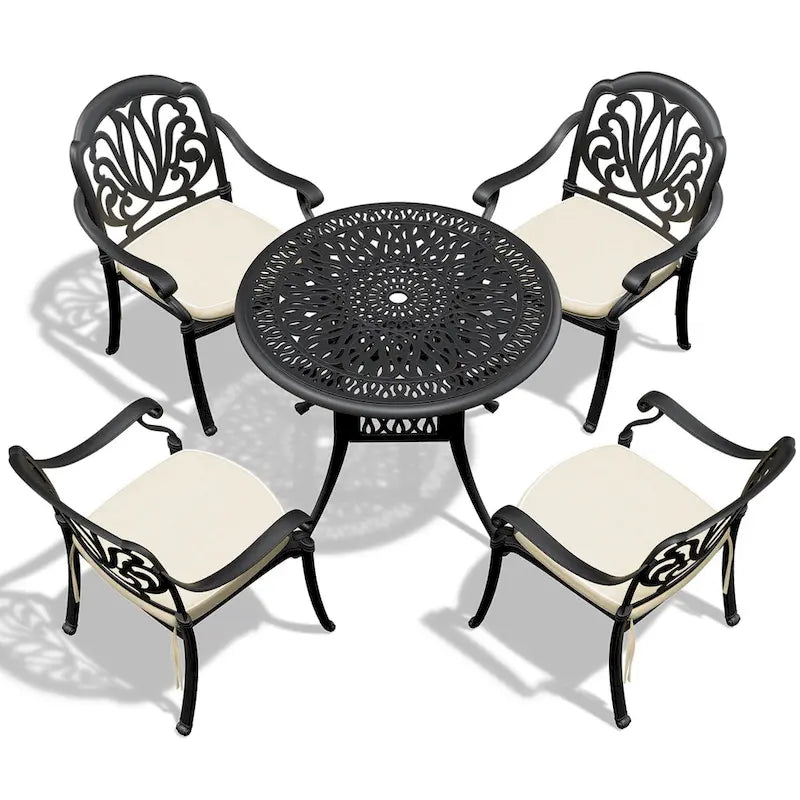 5-Pieces Aluminum Patio Set , 4 x Armchairs with Cushions In Random Colors with 1 With Umbrella Hole Table
