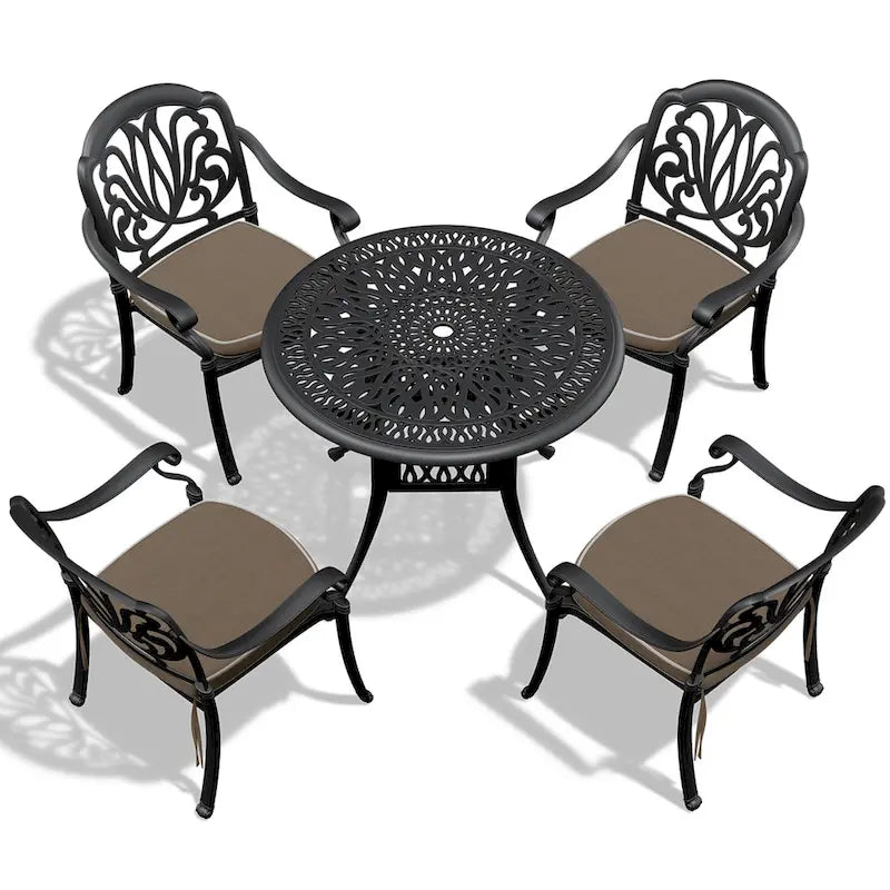 5-Pieces Aluminum Patio Set , 4 x Armchairs with Cushions In Random Colors with 1 With Umbrella Hole Table