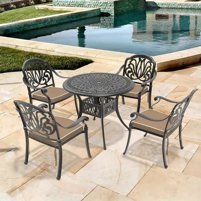 5-Pieces Aluminum Patio Set , 4 x Armchairs with Cushions In Random Colors with 1 With Umbrella Hole Table