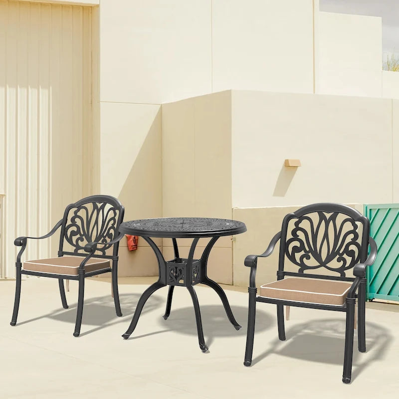 3/5-Piece Cast Aluminum Outdoor Dining Set with 31.5 in. Round Table and Random Color Seat Cushions