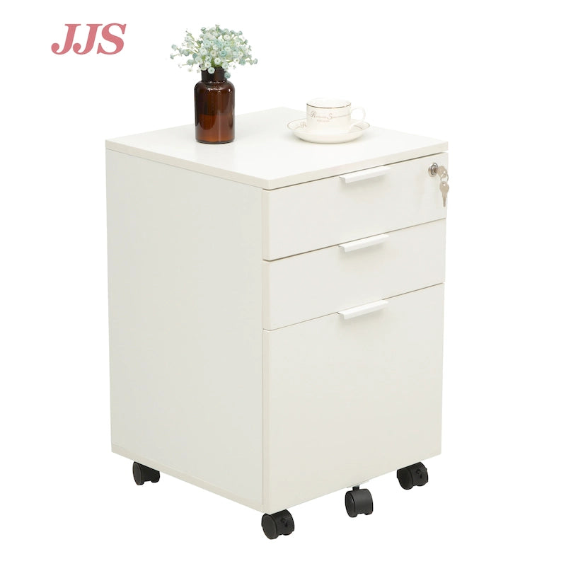 JJS 3 Drawer Rolling File Cabinet Wooden Storage with Lock & Wheels