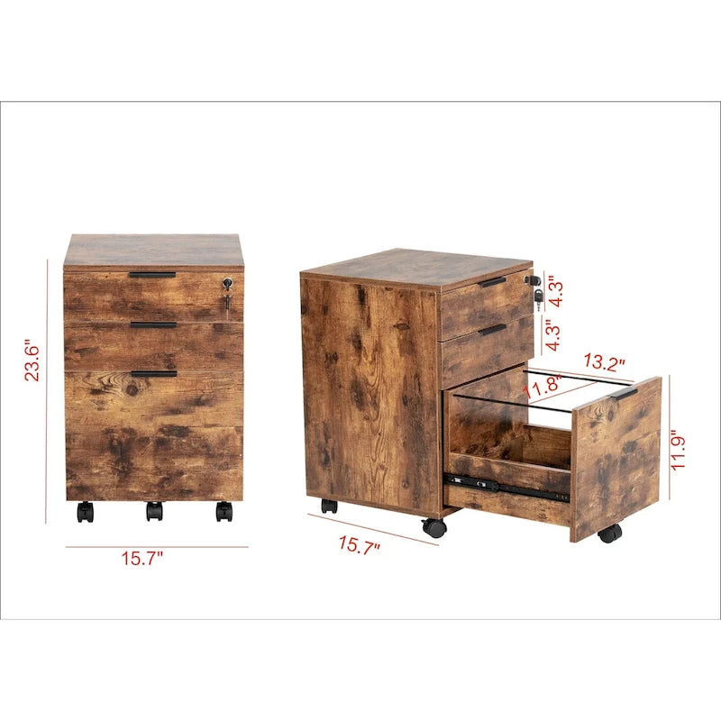 JJS 3 Drawer Rolling File Cabinet Wooden Storage with Lock & Wheels