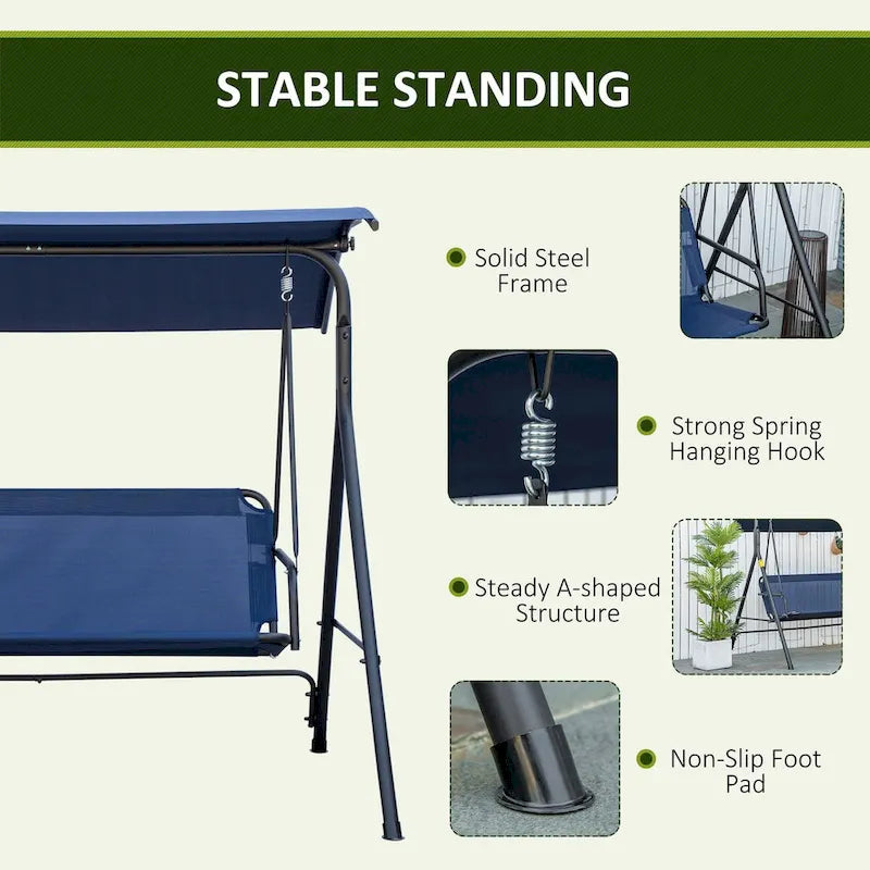3-Person Porch Swing Bench with Stand & Adjustable Canopy, Armrests