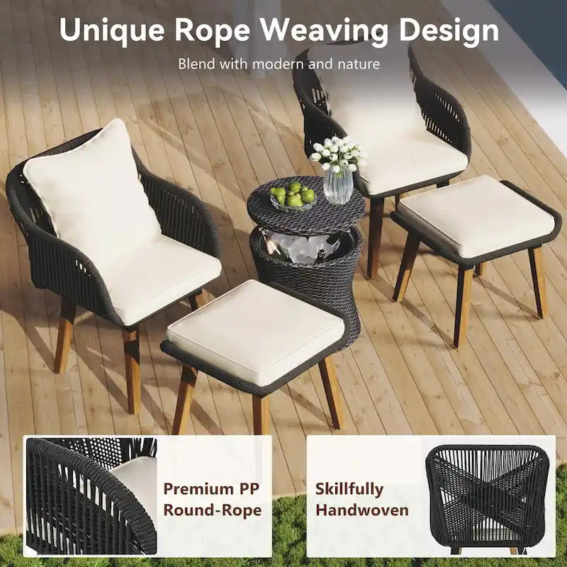 5 Pieces Patio Conversation Set with Cool Bar Table and Ottomans
