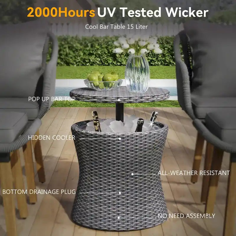 5 Pieces Patio Conversation Set with Cool Bar Table and Ottomans
