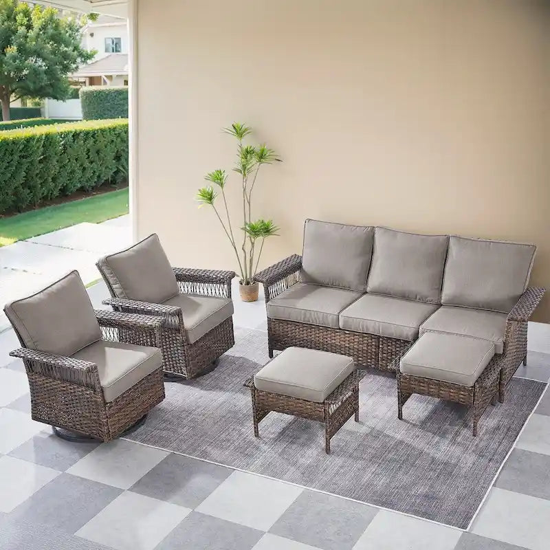 Gymojoy 5-Piece Wicker Outdoor Patio Sofa Chairs And Ottoman - Brown