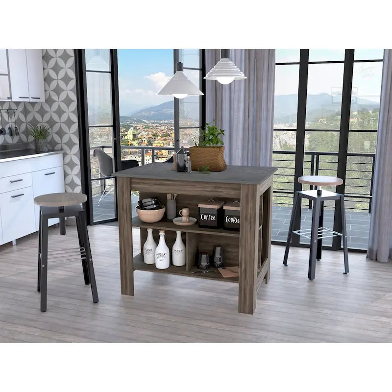 Rockaway 3-Shelf Kitchen Island Dark Brown and Onix