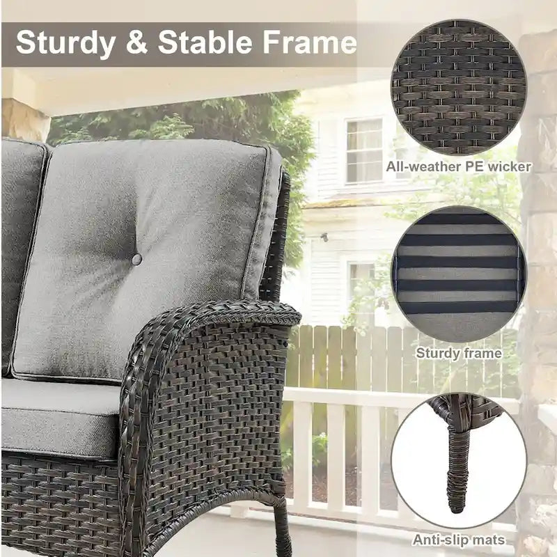 All Weather Patio Sofa with Rocking Chairs - Brown