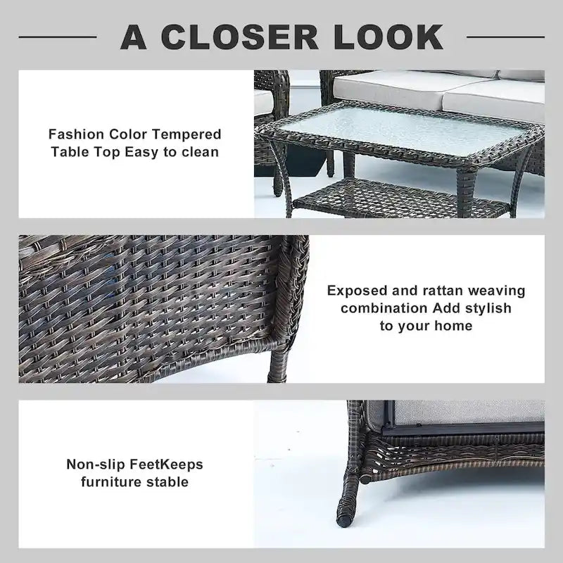 All Weather Patio Sofa with Rocking Chairs - Brown