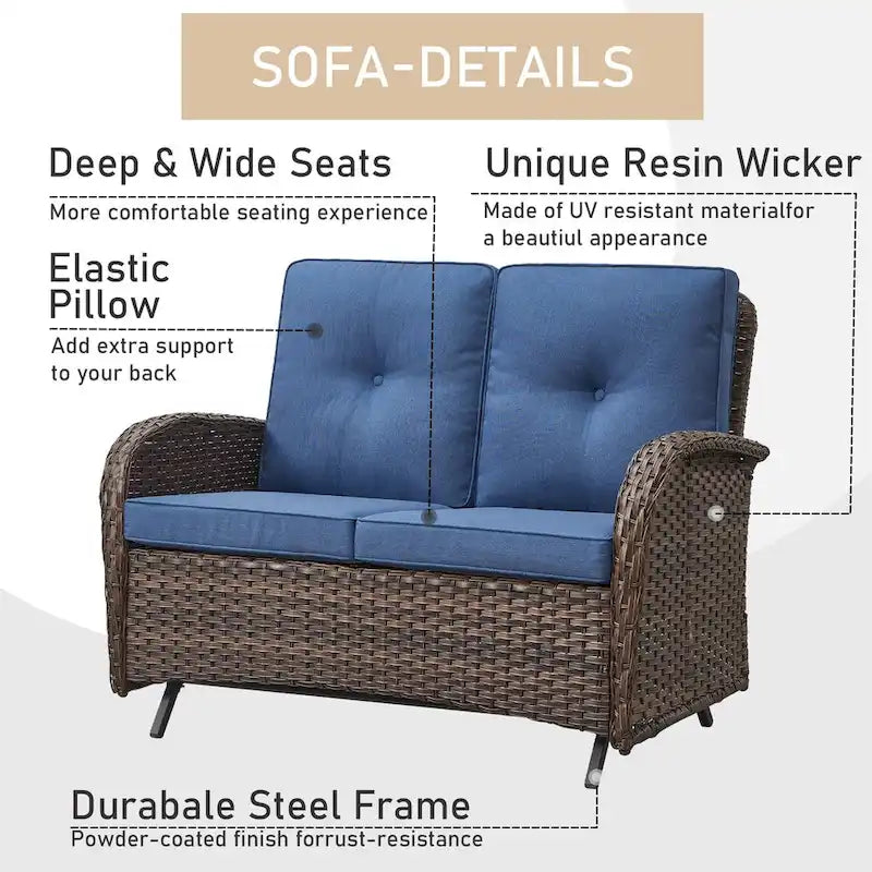 Outdoor Glider Patio Loveseat Sofa With Chair Table - Brown