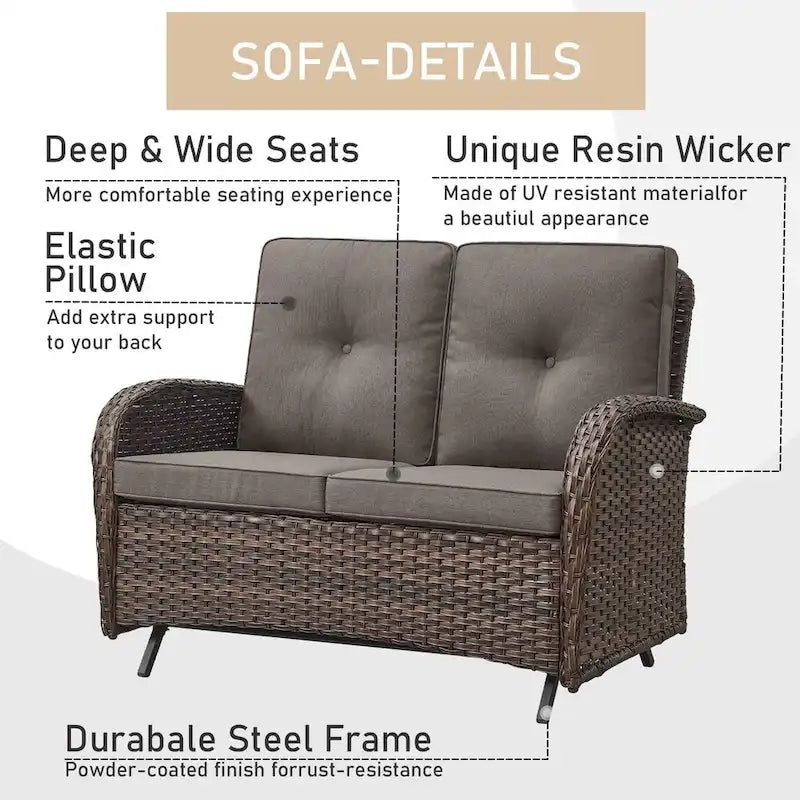 2 Rocking Glider and 2 Swivel Chairs, 1 Loveseat Glider with Coffee Table - Brown
