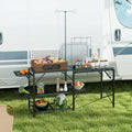 Outsunny Folding Camp Kitchen Table, Portable Camping Cooking Station with Adjustable Lantern Holder, Hanging Hooks