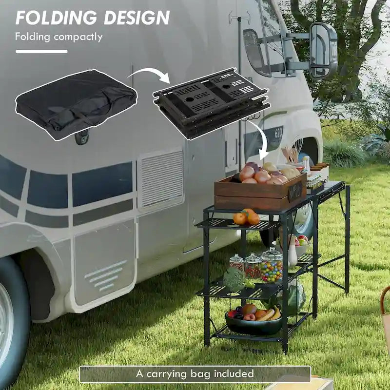 Outsunny Folding Camp Kitchen Table, Portable Camping Cooking Station with Adjustable Lantern Holder, Hanging Hooks
