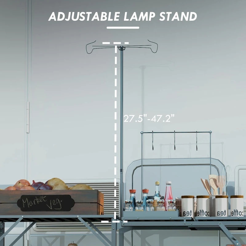Outsunny Folding Camp Kitchen Table, Portable Camping Cooking Station with Adjustable Lantern Holder, Hanging Hooks