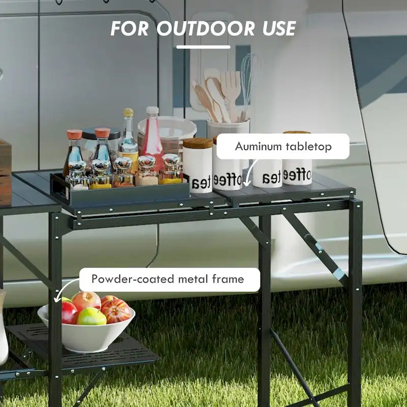 Outsunny Folding Camp Kitchen Table, Portable Camping Cooking Station with Adjustable Lantern Holder, Hanging Hooks