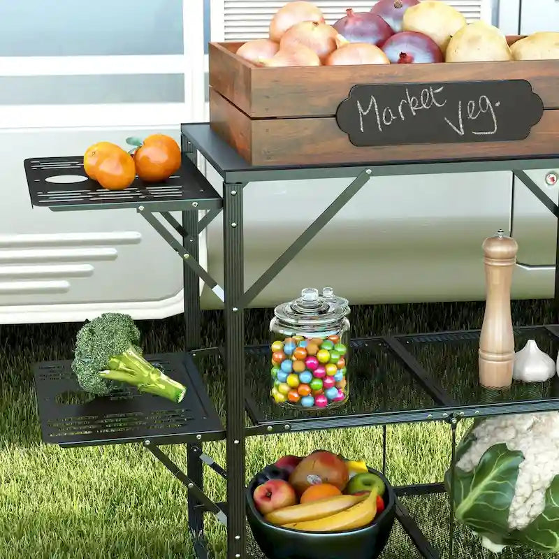 Outsunny Folding Camp Kitchen Table, Portable Camping Cooking Station with Adjustable Lantern Holder, Hanging Hooks