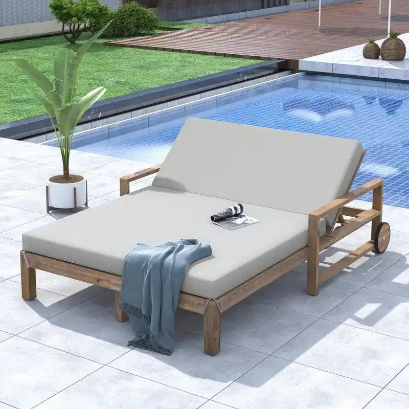 Farmhouse-style Wooden Outdoor Sunbed for 2-Person Relaxation, Outdoor Daybed