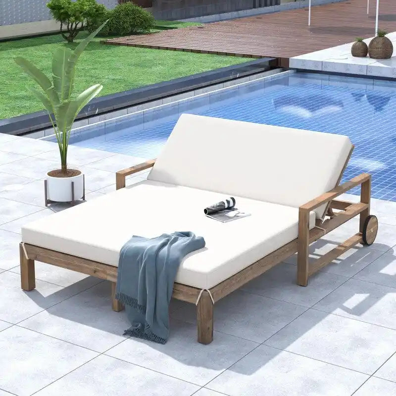 Farmhouse-style Wooden Outdoor Sunbed for 2-Person Relaxation, Outdoor Daybed
