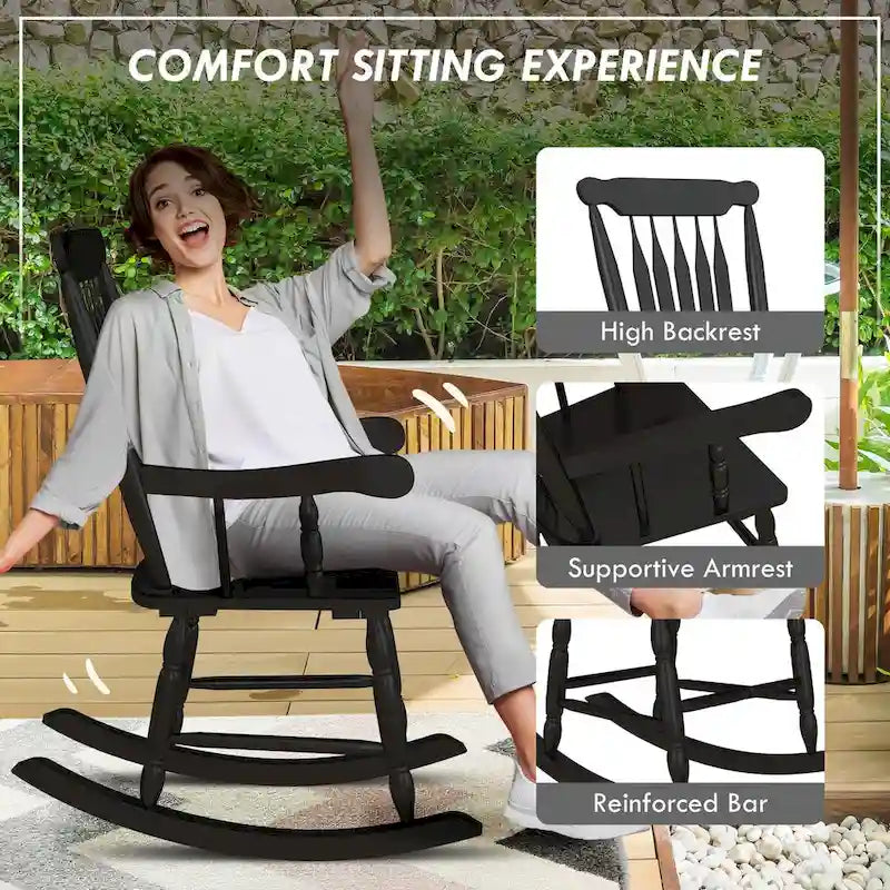 Outdoor Wood Rocking Chair, 350 lbs Porch Rocker with High Back