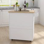 Rolling Kitchen Island with Rubber Wood Top, 33-inch White Storage Trolley Cart with 1 Drawer, Adjustable Shelves & Towel Rack