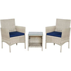 BTEXPERT Tempered Gray/Navy Blue Outdoor Wicker Conversation 3 Piece Bistro Garden Patio Set