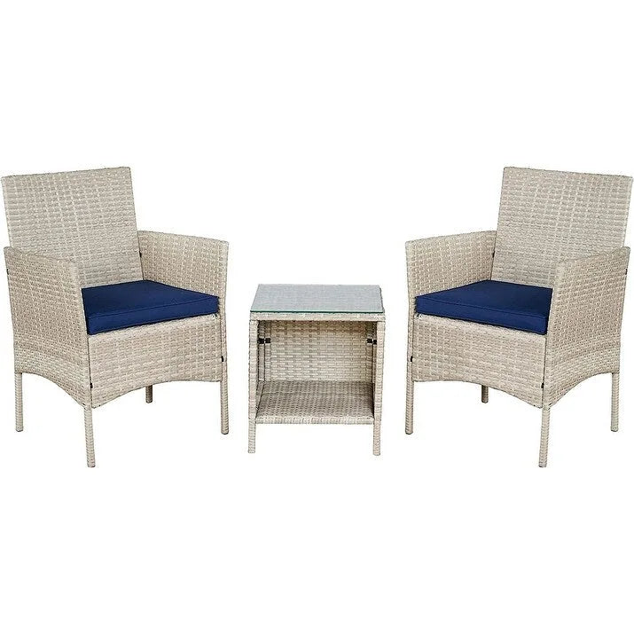 BTEXPERT Tempered Gray/Navy Blue Outdoor Wicker Conversation 3 Piece Bistro Garden Patio Set