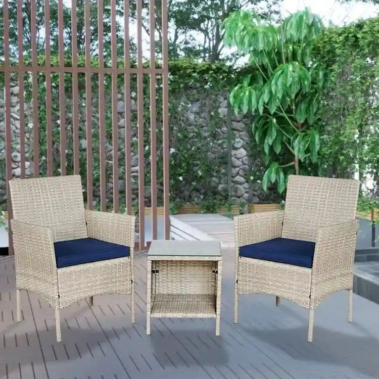BTEXPERT Tempered Gray/Navy Blue Outdoor Wicker Conversation 3 Piece Bistro Garden Patio Set