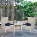 BTEXPERT Tempered Gray/Navy Blue Outdoor Wicker Conversation 3 Piece Bistro Garden Patio Set