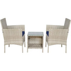 BTEXPERT Tempered Gray/Navy Blue Outdoor Wicker Conversation 3 Piece Bistro Garden Patio Set