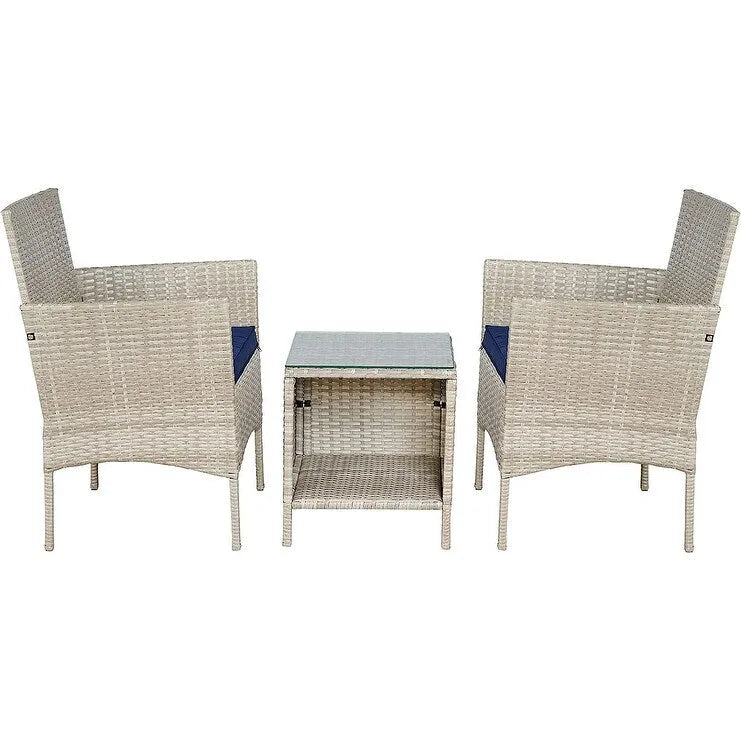 BTEXPERT Tempered Gray/Navy Blue Outdoor Wicker Conversation 3 Piece Bistro Garden Patio Set