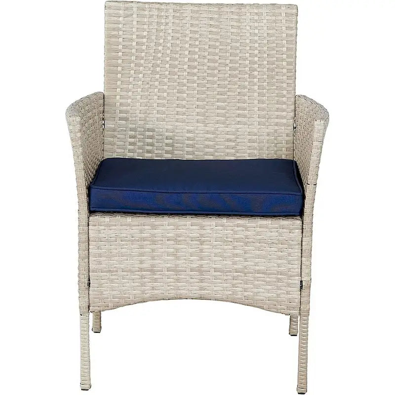 BTEXPERT Tempered Gray/Navy Blue Outdoor Wicker Conversation 3 Piece Bistro Garden Patio Set