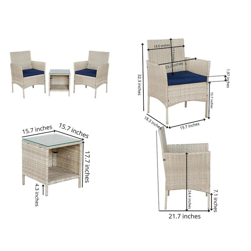 BTEXPERT Tempered Gray/Navy Blue Outdoor Wicker Conversation 3 Piece Bistro Garden Patio Set