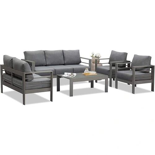 5-Pieces Aluminum Conversation Set Modern Grey Metal sectional Sofa with Dark Grey Cushions - 73x26x32