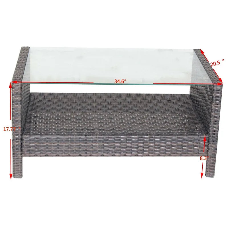 Rectangular Iron Outdoor Dining Table with Tempered Glass in Brown