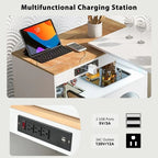 Rolling Kitchen Island on Wheels With Extended Table,LED Lights,Power Outlets and 2 Fluted Glass Doors