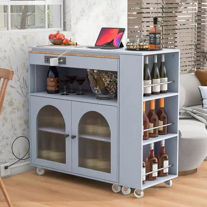 Rolling Kitchen Island on Wheels With Extended Table,LED Lights,Power Outlets and 2 Fluted Glass Doors