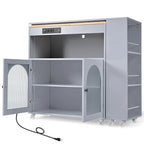 Rolling Kitchen Island on Wheels With Extended Table,LED Lights,Power Outlets and 2 Fluted Glass Doors