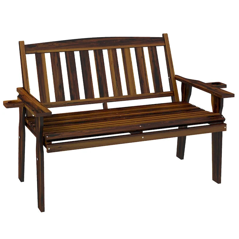 Wood Outdoor Bench, 2-Person Garden Bench with Cupholder Armrests, Slatted Seat and Backrest, Park Bench for Patio
