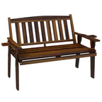 Wood Outdoor Bench, 2-Person Garden Bench with Cupholder Armrests, Slatted Seat and Backrest, Park Bench for Patio