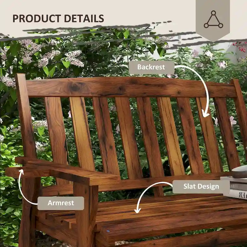 Wood Outdoor Bench, 2-Person Garden Bench with Cupholder Armrests, Slatted Seat and Backrest, Park Bench for Patio